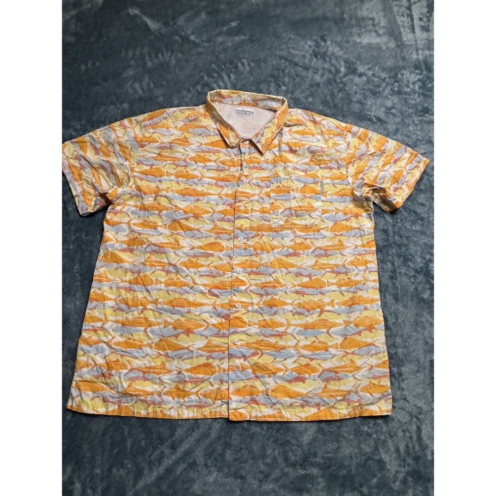 Columbia PFG Mens XXL Fishing Shirt Short Sleeve Fish Pattern Vented Orange